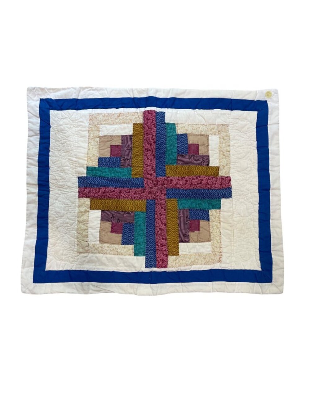 Vintage Handmade Quilted Log Cabin Star Pillow Sham Multicolored Multi Print